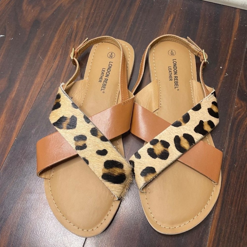 London Rebel Leather Leopard Calf Hair Slingback Sandals Tan Brown Flat Womens 8
